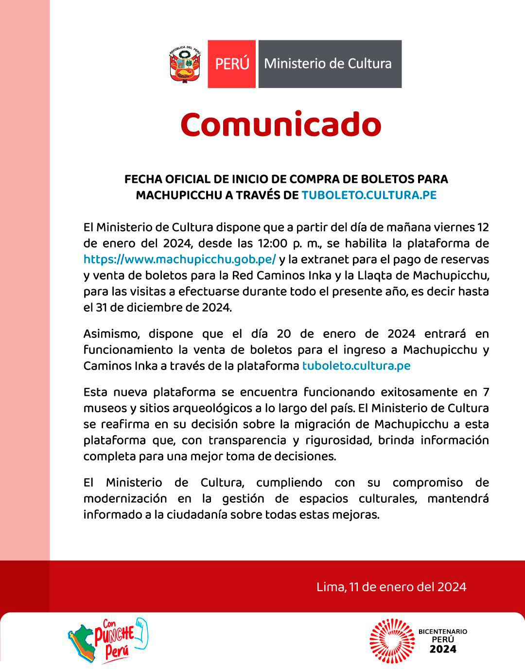 the Ministry of Culture has announced that ticket sales for Machu Picchu will be open starting Saturday, January 13, 2024