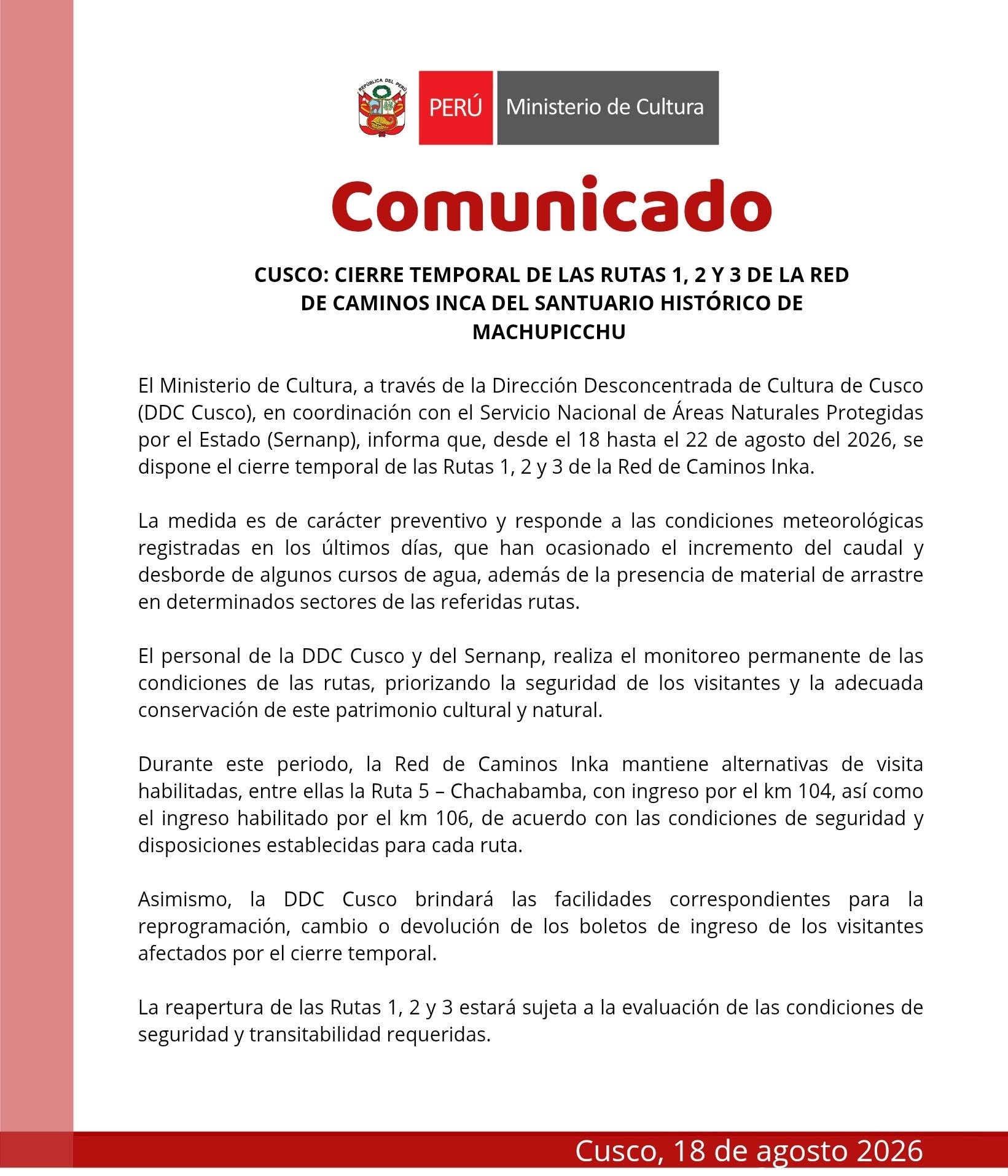 Inca Trail Closure Announcement