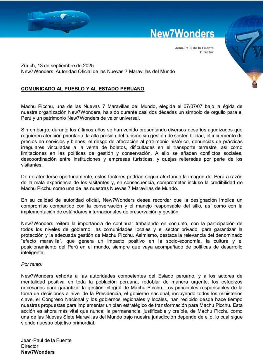 Machu Picchu seven wonder of the world warning